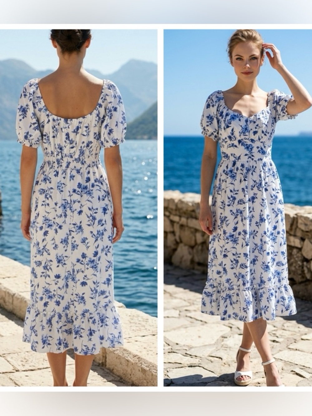 GOGO Women Sz L Midi Dress w- Blue Floral Print puff sleeve sweetheart neckline